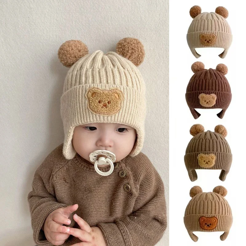 Baby Mittens Scratch - Babywollen muts schattige beer oorbeschermingshoed kinderen