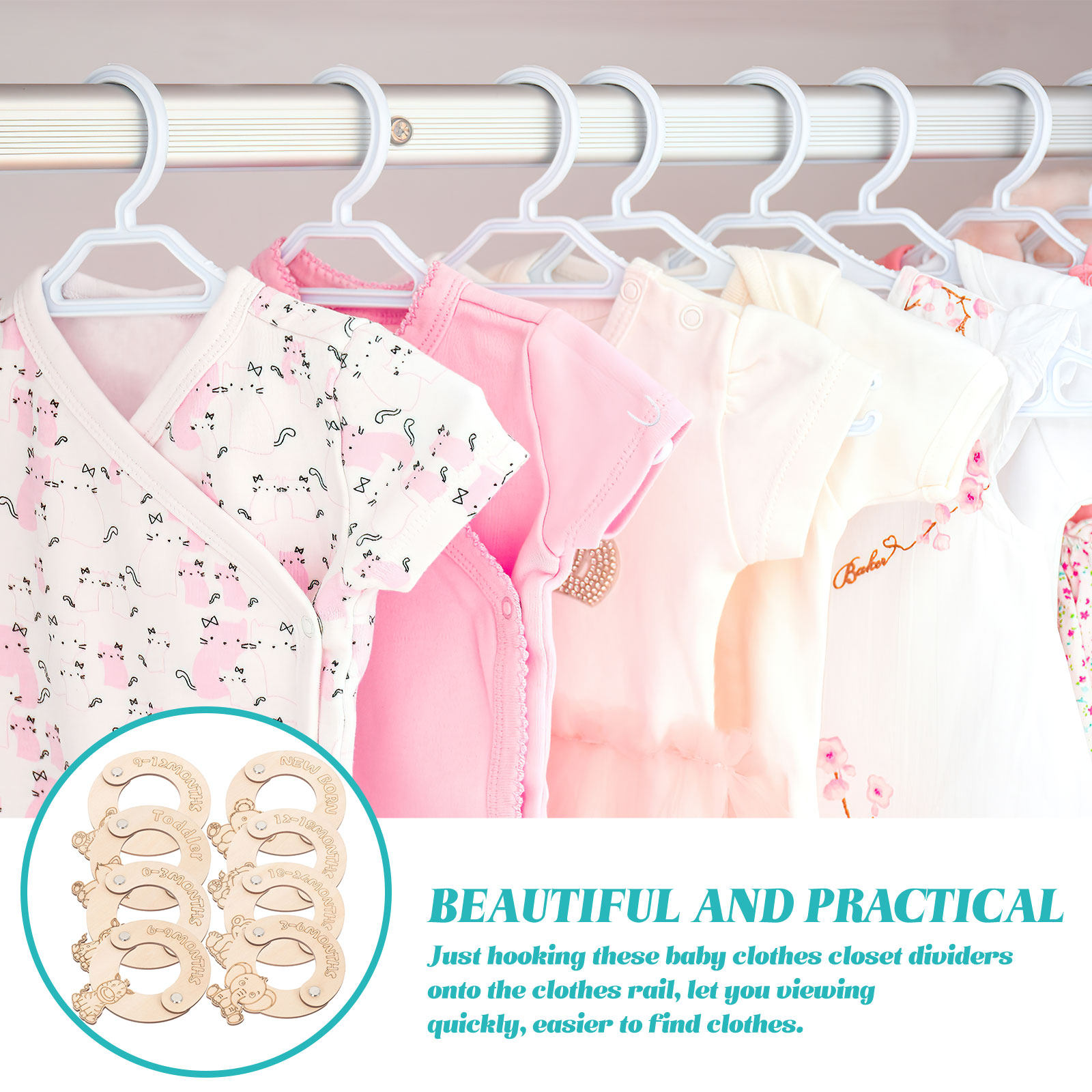 Baby Clothing Wardrobe - 8-delige babykast kledingmaatverdelers houten organizer babykleding